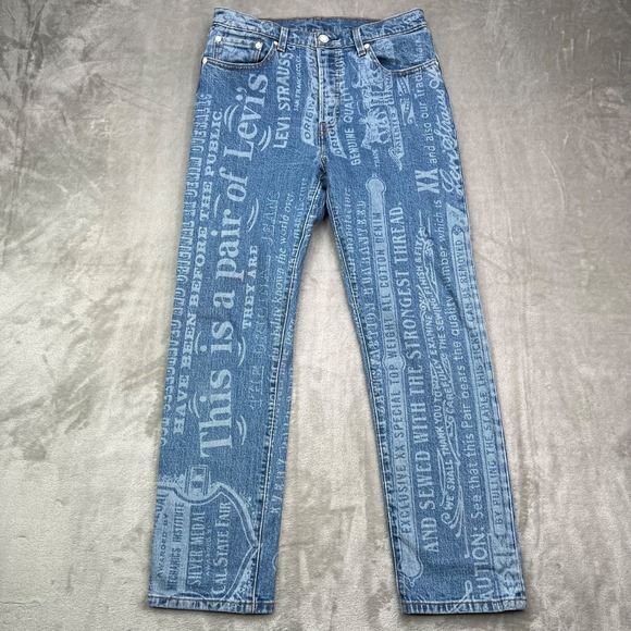 Levi's Denim - Levis 501 Jeans Women 28x28 Blue Graphic Print Straight Button Fly Western Denim